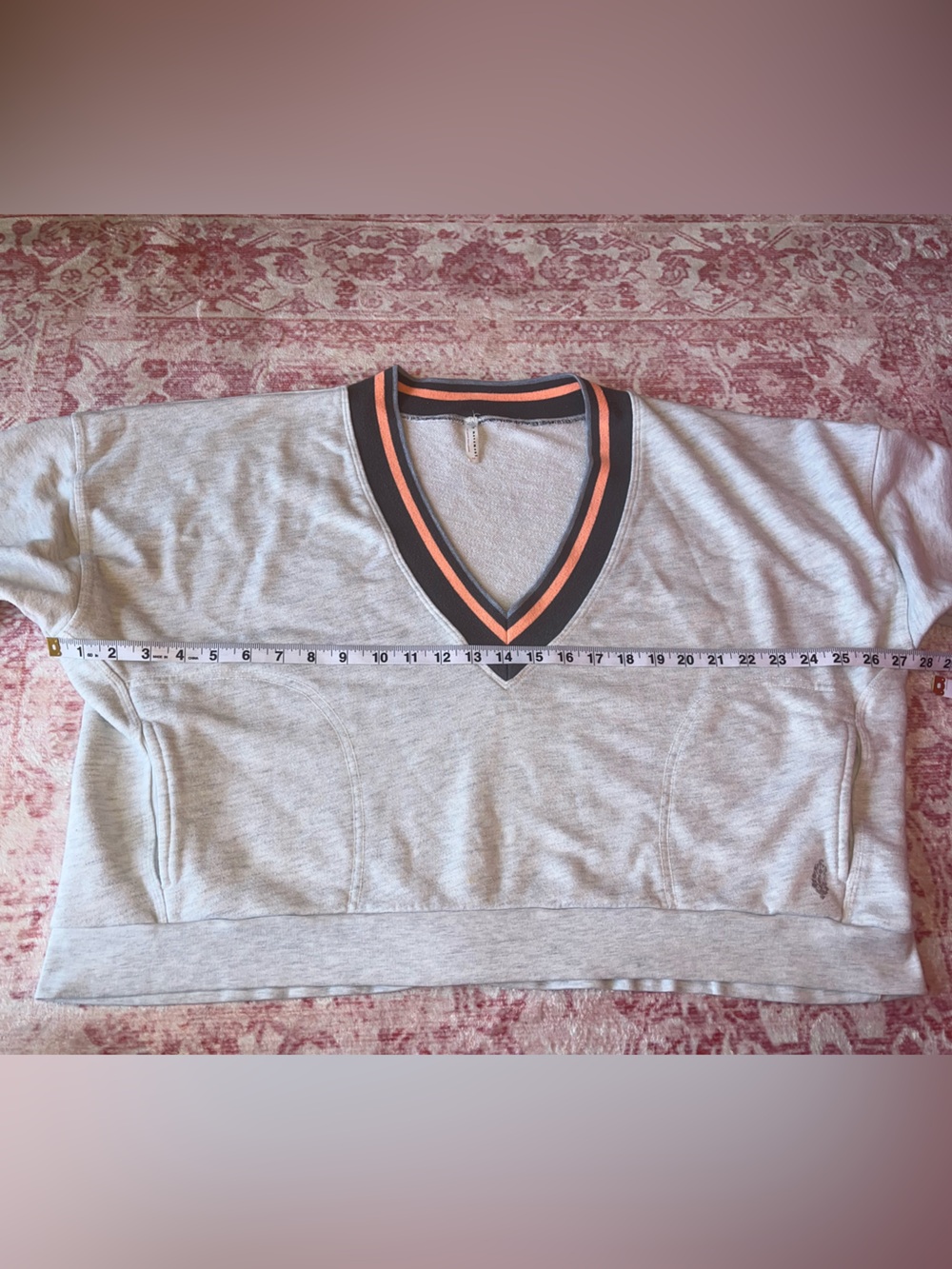 FP Movement by Free People Gray V-Neck Cropped Pullover with Gray and Coral Trim - Picture 6 of 13